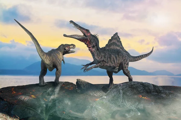 Csata Között Két Őskori Dinoszaurusz Illusztrációja — Stock Fotó