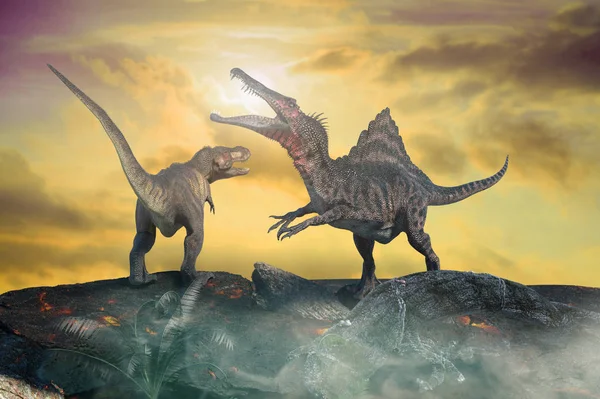 Ilustración Una Batalla Entre Dos Dinosaurios Prehistóricos — Foto de Stock