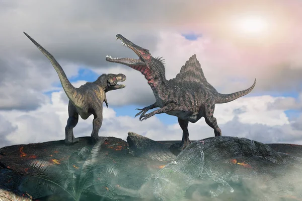 Illustrazione Una Battaglia Tra Due Dinosauri Preistorici — Foto Stock