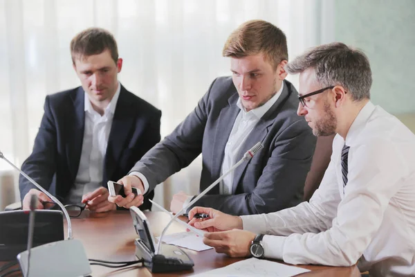 Three Business Men Discussing New Project Working Together — Stock Photo, Image