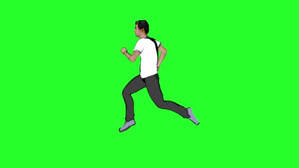 Cartoon Man Runs Green Background — Stock Video