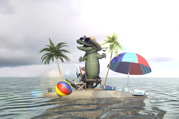 Ilustracja Krokodyl Śmieszne Odpoczynku Ośrodku Plaży — Zdjęcie stockowe