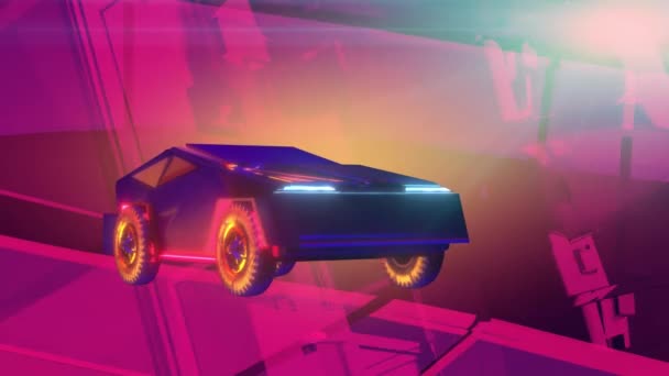 Spor Arabaların Geleceği Neon Işığa Doğru Yarışıyor Fütüristik Konsept Rende — Stok video