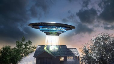 Evin üzerinde UFO uçan daire, 3 boyutlu görüntüleme