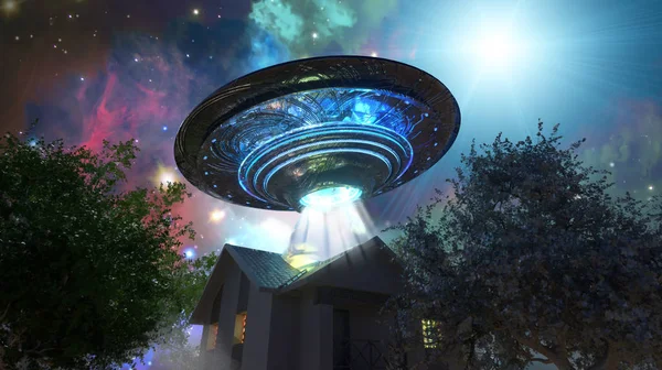 Evin üzerinde UFO uçan daire, 3 boyutlu görüntüleme