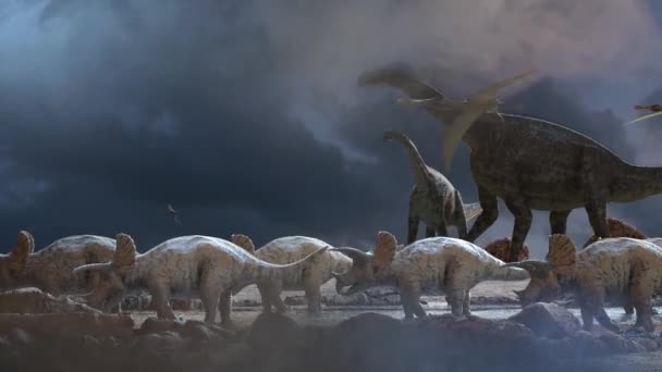 Différents Dinosaures Sur Fond Préhistorique Nature Rendu — Video