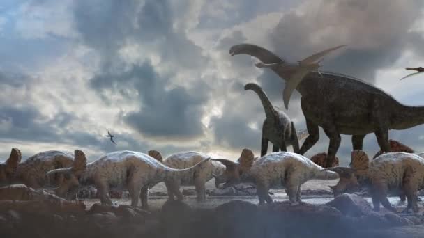 Différents Dinosaures Sur Fond Préhistorique Nature Rendu — Video