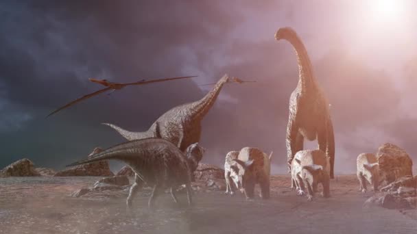 Doğanın Tarih Öncesi Arka Planında Farklı Dinozorlar Boyutlu Canlandırma — Stok video