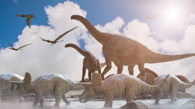Doğanın tarih öncesi arka planında farklı dinozorlar, 3 boyutlu canlandırma