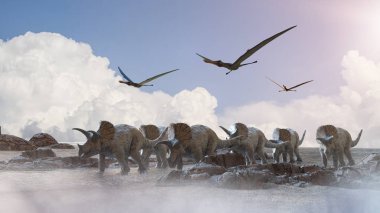 Doğanın tarih öncesi arka planında farklı dinozorlar, 3 boyutlu canlandırma