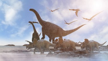 Doğanın tarih öncesi arka planında farklı dinozorlar, 3 boyutlu canlandırma