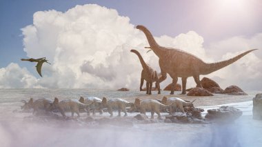 Doğanın tarih öncesi arka planında farklı dinozorlar, 3 boyutlu canlandırma