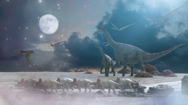 Doğanın tarih öncesi arka planında farklı dinozorlar, 3 boyutlu canlandırma