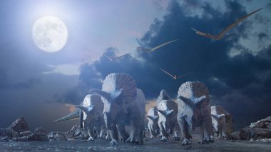 Doğanın tarih öncesi arka planında farklı dinozorlar, 3 boyutlu canlandırma
