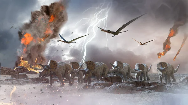 Destruição Conceito Dinossauros Por Meteorito Queda Render — Fotografia de Stock