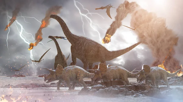 Concept Destruction Dinosaurs Falling Meteorite Render — 스톡 사진