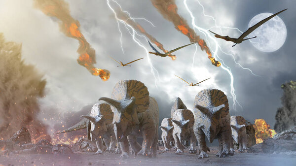 concept destruction of dinosaurs by a falling meteorite, 3d render