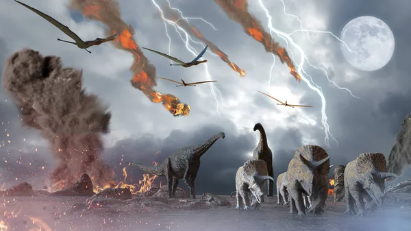 Destruição Conceito Dinossauros Por Meteorito Queda Render — Fotografia de Stock