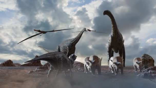 Dinossauros Diferentes Fundo Pré Histórico Natureza Render — Vídeo de Stock