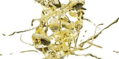 Beyaz bir arkaplanda saf suda turuncu altın yağ kabarcıkları ve akışkan şekiller. Saf kozmetik su arka planında kristal renkli baloncuklarla yan açı, kopyalama alanı ile 3d oluşturma