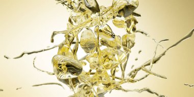 Beyaz bir arkaplanda saf suda turuncu altın yağ kabarcıkları ve akışkan şekiller. Saf kozmetik su arka planında kristal renkli baloncuklarla yan açı, kopyalama alanı ile 3d oluşturma