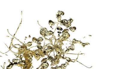 Beyaz bir arkaplanda saf suda turuncu altın yağ kabarcıkları ve akışkan şekiller. Saf kozmetik su arka planında kristal renkli baloncuklarla yan açı, kopyalama alanı ile 3d oluşturma