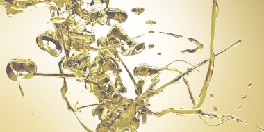 Beyaz bir arkaplanda saf suda turuncu altın yağ kabarcıkları ve akışkan şekiller. Saf kozmetik su arka planında kristal renkli baloncuklarla yan açı, kopyalama alanı ile 3d oluşturma