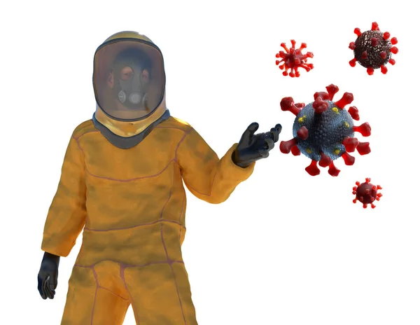生物学的脅威からの生物学的危険化学的保護のスーツの男はコロナウイルスのウイルスと戦う3Dレンダリング — ストック写真