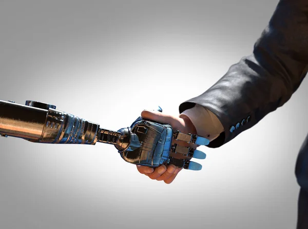 Ein Geschäftsmann Anzug Und Ein Roboter Beim Händeschütteln Grauer Hintergrund — Stockfoto