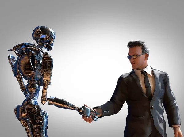 a businessman in a suit and a robot shaking hands. Gray wall background. Concept of innovation in business,3d rendering