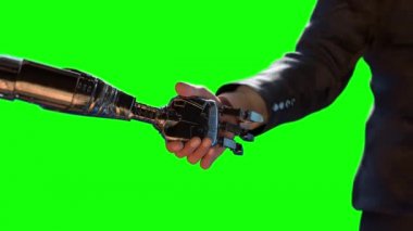 Bir iş adamı ve bir robot el sıkışıyor. İş dünyasındaki yenilik kavramı, 3D yorumlama