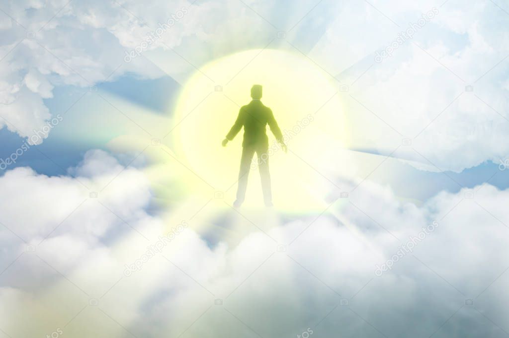silhouete of a man with rays of light emanating  as a symbol of the power of thinking. Concept of psychiatry,  psychology,  religion. Ghost of a man taken up into heaven. 3d render