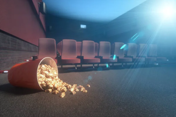 Egy Leesett Vödör Popcorn Egy Elhagyatott Moziban Koronavírus Járvány Idején — Stock Fotó