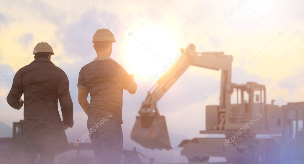 Silhouette of working men on background construction engineering and machines, 3d render