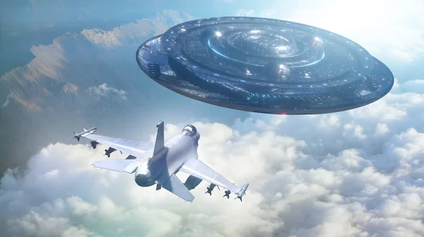 Ufo Vliegt Weg Van Een Militair Vliegtuig Render — Stockfoto