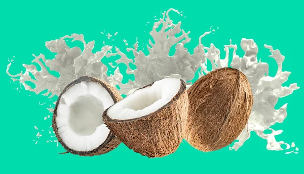 ココナッツジュースのスプラッシュとココナッツ — ストック写真