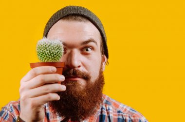Sakallı hippi bir kaktüs elinde tutan adam. Adam kaktüs ile poz