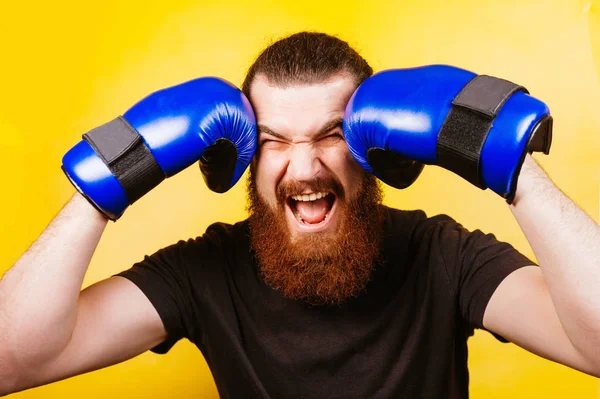 Boxer che alza le braccia. Concetto di lotta. Uomo sportivo con la barba. Boxer urlava dopo la vittoria. Concetto sportivo. Colpo in studio. Boxer pronto a combattere. Vincitore . — Foto Stock