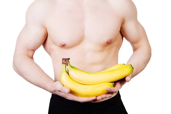 바나나를 들고 큰 복 부와 젊은 남자 — 스톡 사진