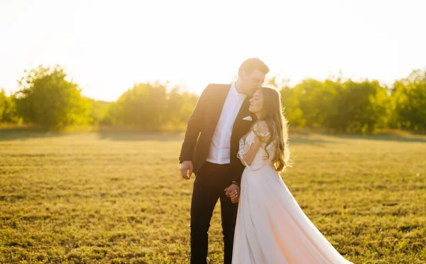 Unga lyckliga par har underbar tid tillsammans håller sina händer och omfamnas vid solnedgången i fältet. — Stockfoto