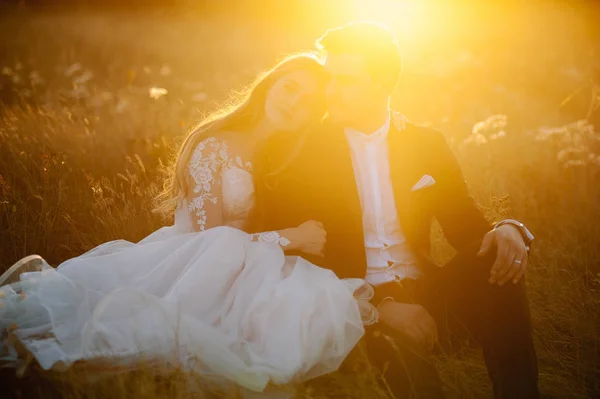 Ett underbart par siluett sitter i solljuset i fältet. — Stockfoto