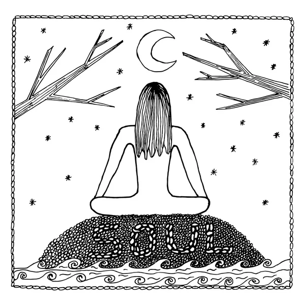 Femeia în poziția de lotus Yoga pentru meditație. Pentru logo-ul yoga studio, cărți poștale și carte de colorat pentru adulți — Vector de stoc