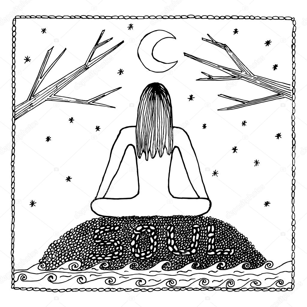 Woman in Yoga lotus position for meditation. For the logo yoga studio, postcards, and adult coloring book