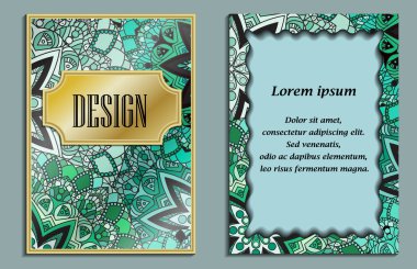 Kart veya davet yeşil mandalalar süsleme ile oryantal tarzda. Islam, Arapça, Indian, Osmanlı motifleri Lila ve altın renkleri.