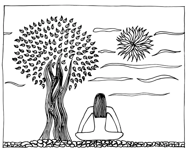 Ilustración dibujada a mano de yoga, vida, armonía. Árbol y sol en meditación pacífica . — Archivo Imágenes Vectoriales