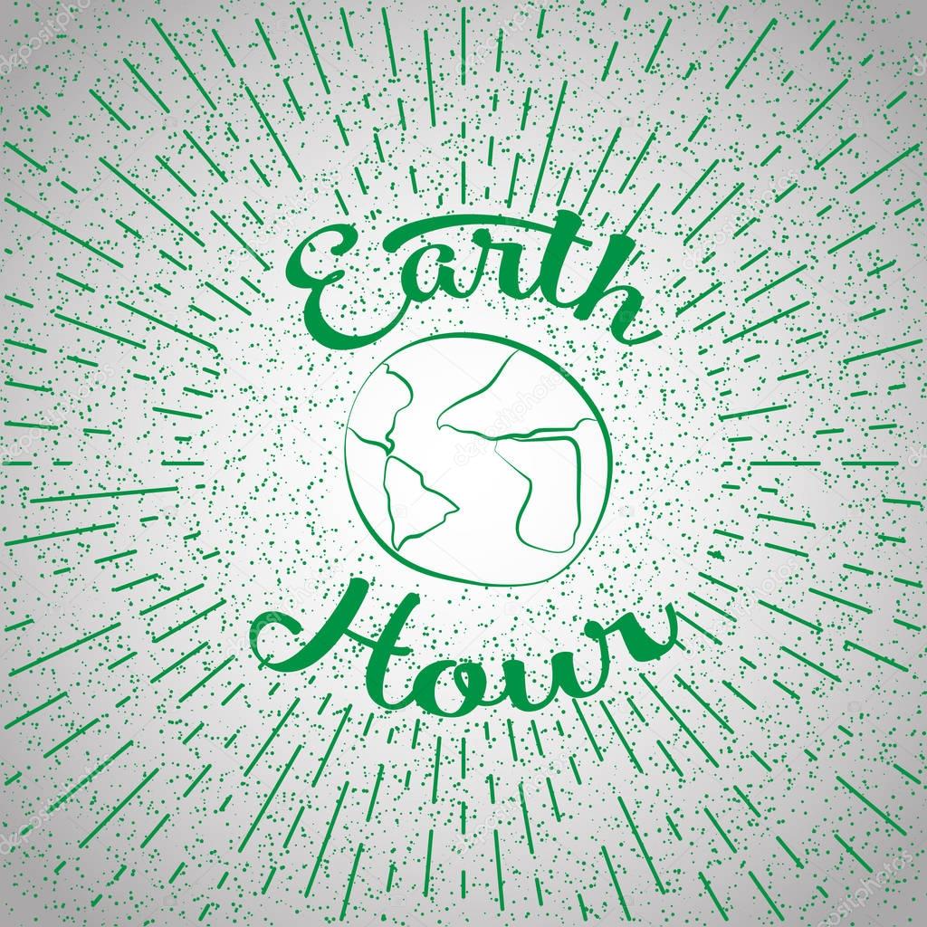 Sketch with green globe and rays, doodle icon. Illustration for saving environment at Earth Hour.