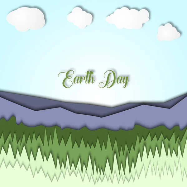 Día de la Tierra 3d ilustración con paisaje de montañas, con hierba y cielo despejado. Simbolismo de ecología, ecosistema, planeta, vida y naturaleza . — Vector de stock