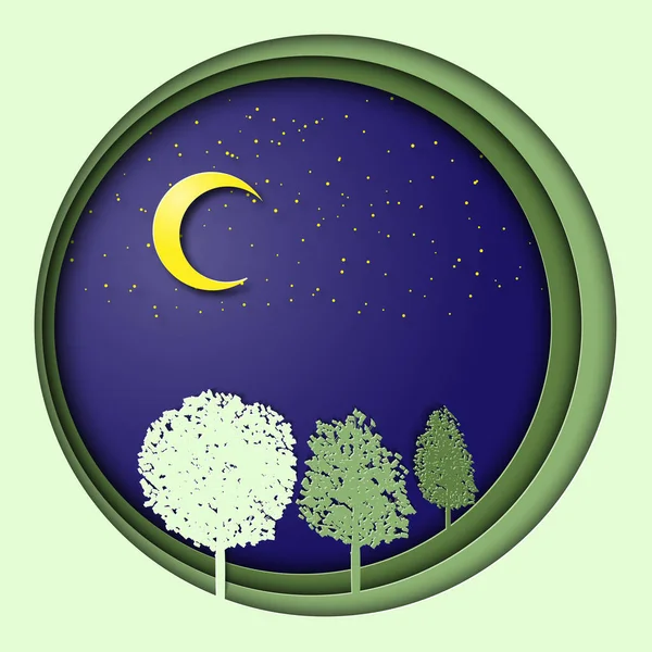 День Землі 3d ілюстрація з деревами, вночі з місяцем і зірками. Символіка екології, екосистеми, планети, життя та природи . — стоковий вектор