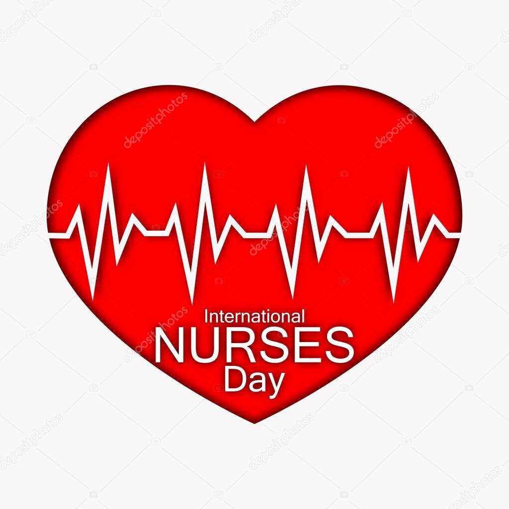 International nurses day illustration with red heart and heartbeat. Card or design for doctors, nurses and medicine.