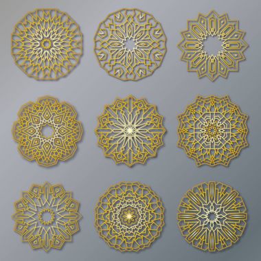 Altın oryantal dantelli yuvarlak desenler vektör kümesi. Tasarım şablonu için daire resimler. Doğu tarzı ve Mandala Dekor elemanları.